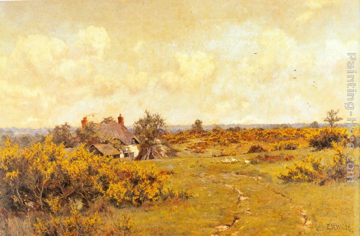 A gaggle of geese on a fram track in a Surrey landscape, a cottage beyond painting - Edward Wilkins Waite A gaggle of geese on a fram track in a Surrey landscape, a cottage beyond art painting